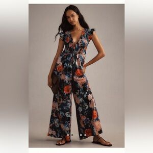 Anthropologie Floral V-Neck Wide-Leg Jumpsuit in Navy, Rust & Pink